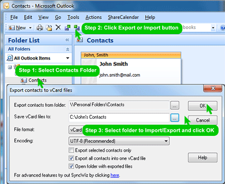 Outlook vCard Converter. Import, export, send vCard file. Convert contacts .vcf