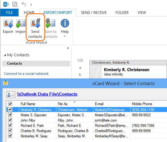 vCard Wizard Contacts Converter converter for Microsoft Outlook allows its users to send Outlook Contacts as email attachments in few clicks.