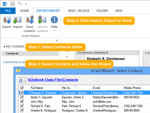 how to import contacts to outlook vcard